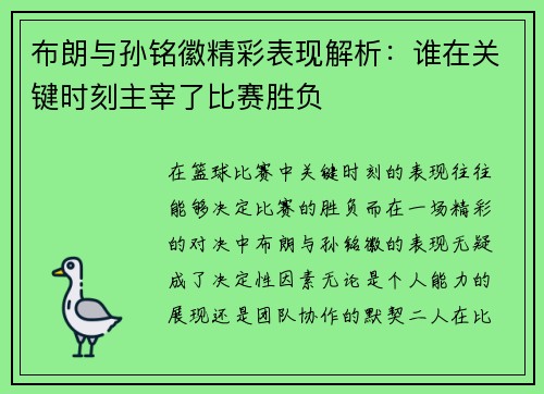 布朗与孙铭徽精彩表现解析：谁在关键时刻主宰了比赛胜负