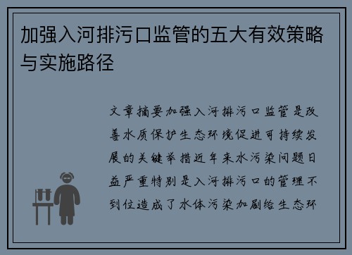 加强入河排污口监管的五大有效策略与实施路径